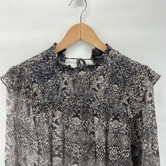 Free People Womens Roma Chiffon Top Medium Black Gray Snake Combo Ruffle Smocked - Picture 7 of 12
